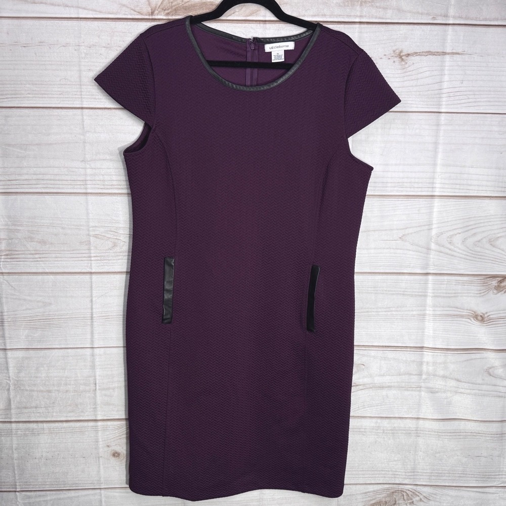 Liz Claiborne Womens XL Purple Textured Chevron Sheath Dress Faux Leather Trim